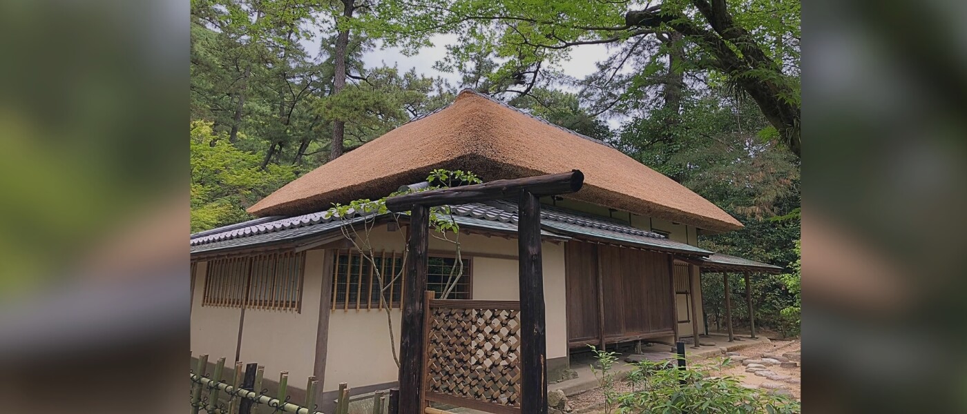 Thatched-roof teahouse Higurashitei in Ritsurin Garden, Takamatsu